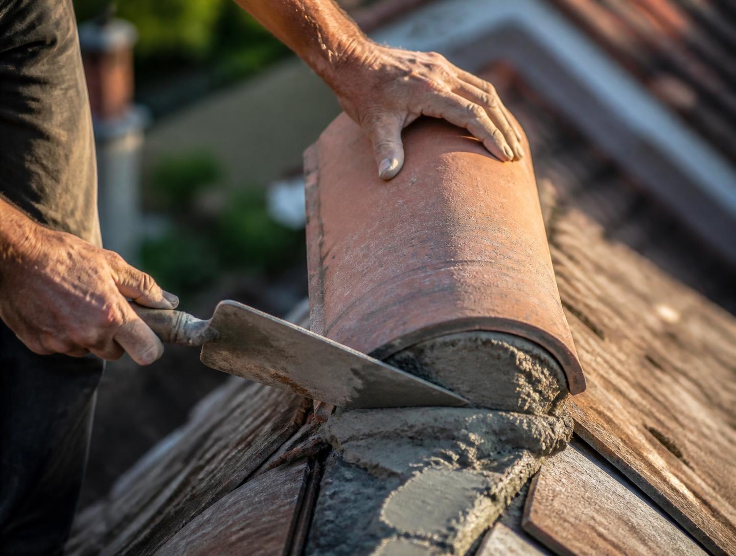 A roofer bedding a clay ridge tile onto fresh mortar with a trowel