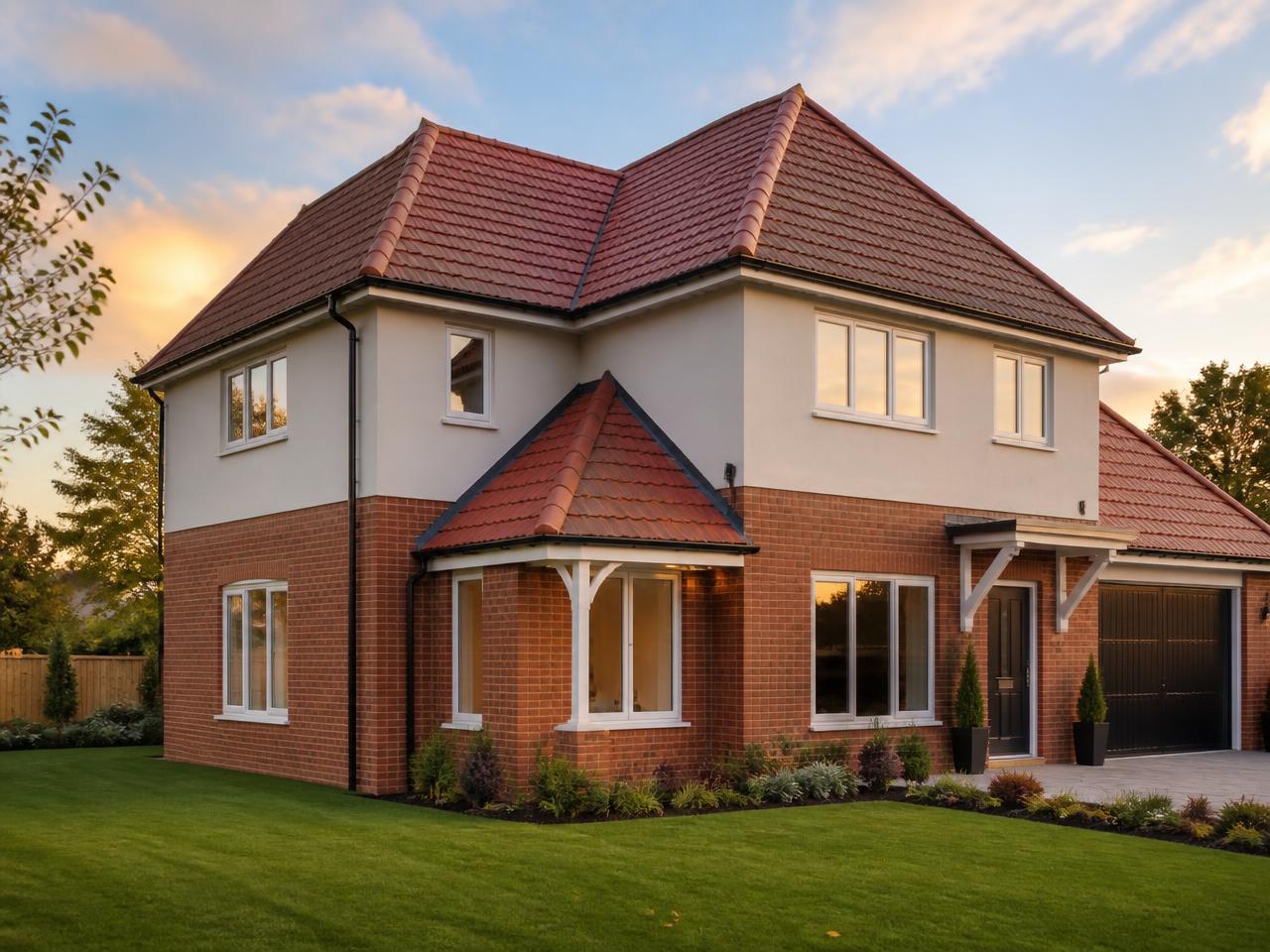 A detached brick house with a newly finished clay tiled roof and black guttering in evening light