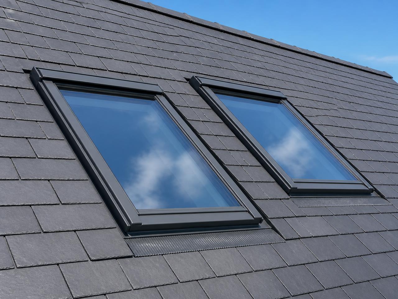 Two roof windows installed into a slate roof with neat flashing kits
